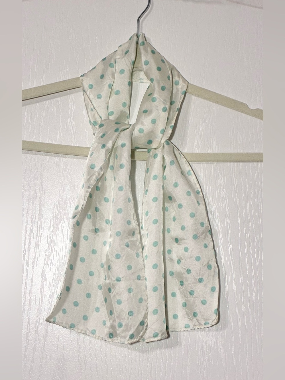 50s Polka Dot Satin Rectangular Scarf 42”L White & Aqua Vintage